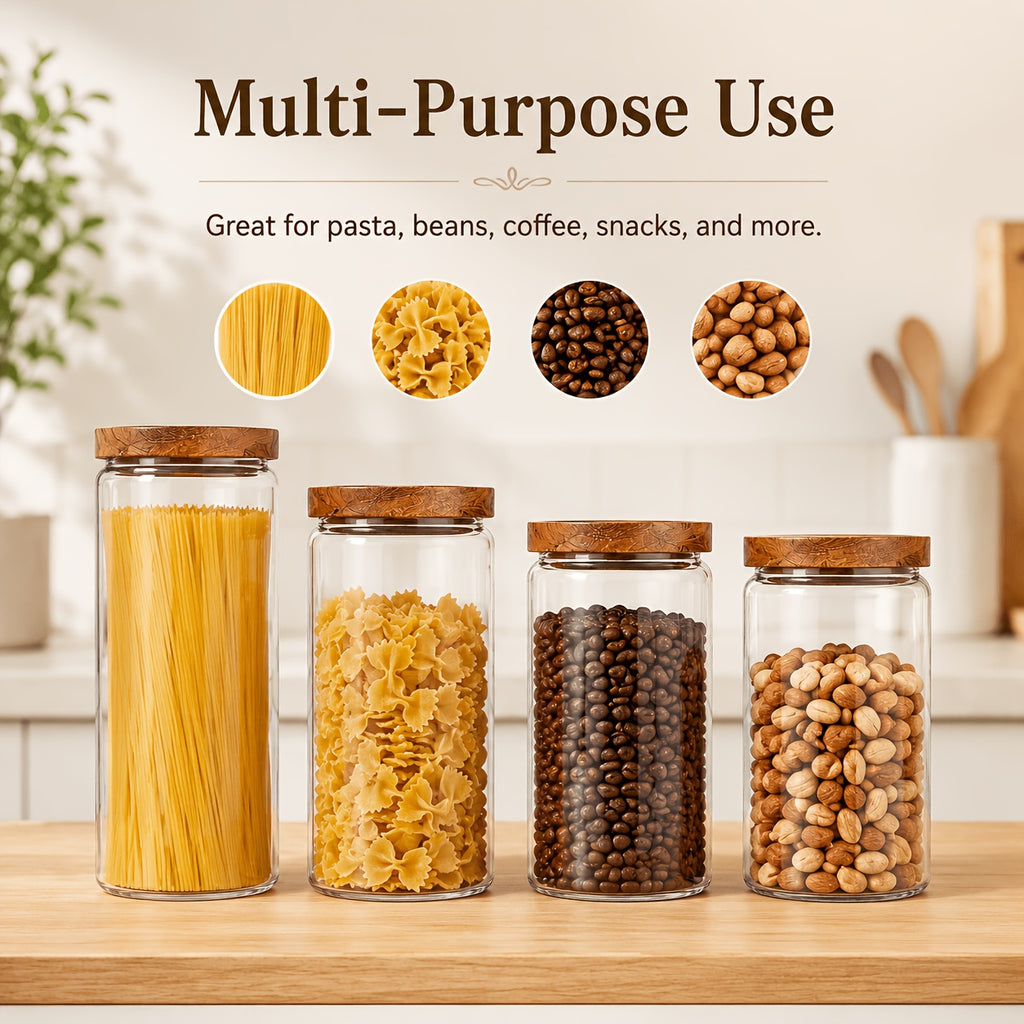 Compact 4pcs Stackable Home Storage Bins – portable space-saving storage, 4pcs Sealed Glass Storage Tank with Wooden Lid - Food Grade Transparent Kitchen Storage, designed for American homes, daily convenience and practical gifting