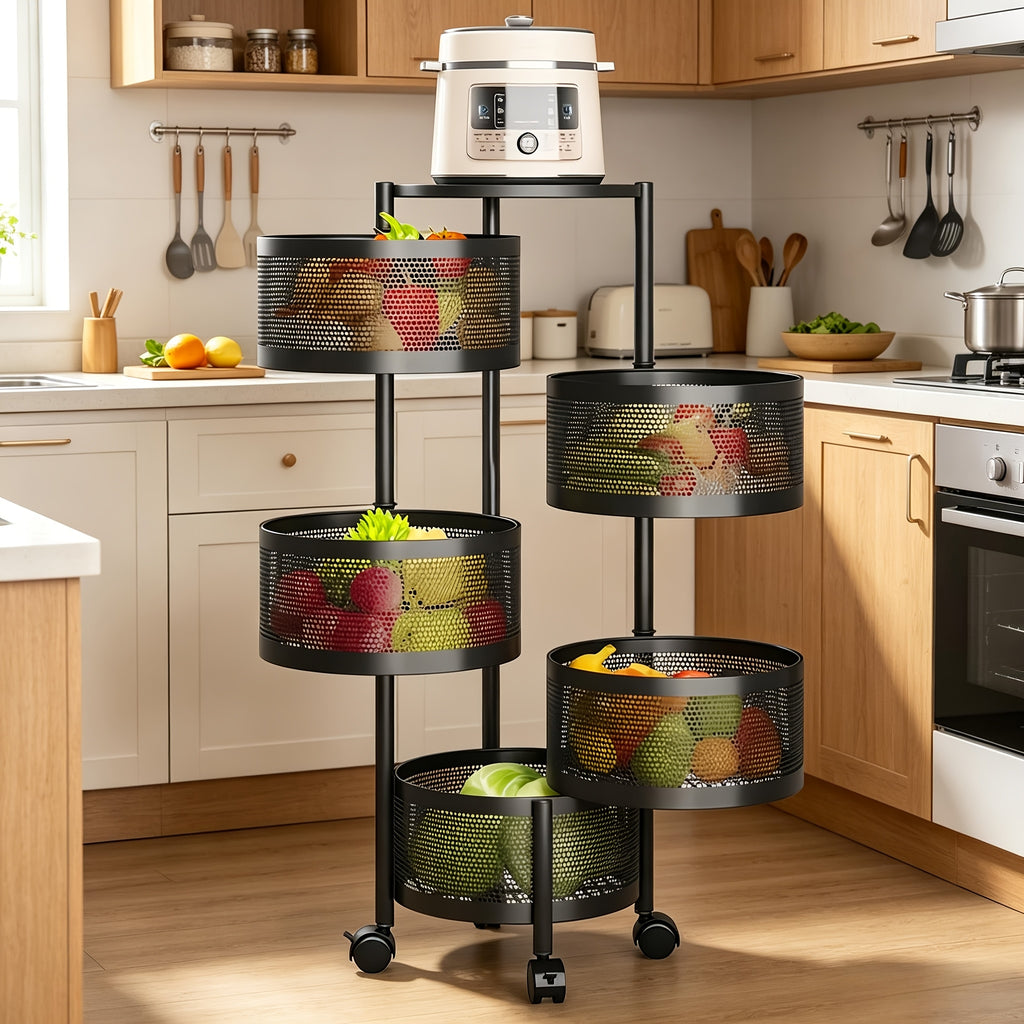 Compact Adjustable Home Storage Rack – durable multi-purpose storage, POKEPIC 5-Tier Round 360 Rotating Storage Cart No Assembly Mobile Organizer Space Saving Floor, designed for American homes, daily convenience and practical gifting