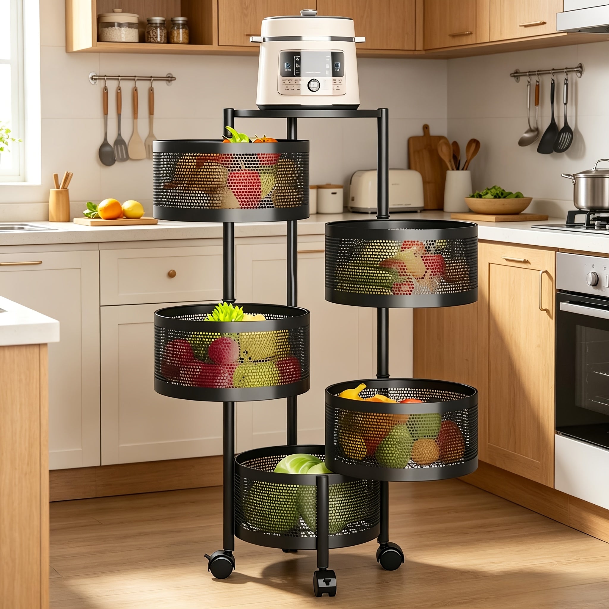 Compact Adjustable Home Storage Rack – durable multi-purpose storage, POKEPIC 5-Tier Round 360 Rotating Storage Cart No Assembly Mobile Organizer Space Saving Floor, designed for American homes, daily convenience and practical gifting