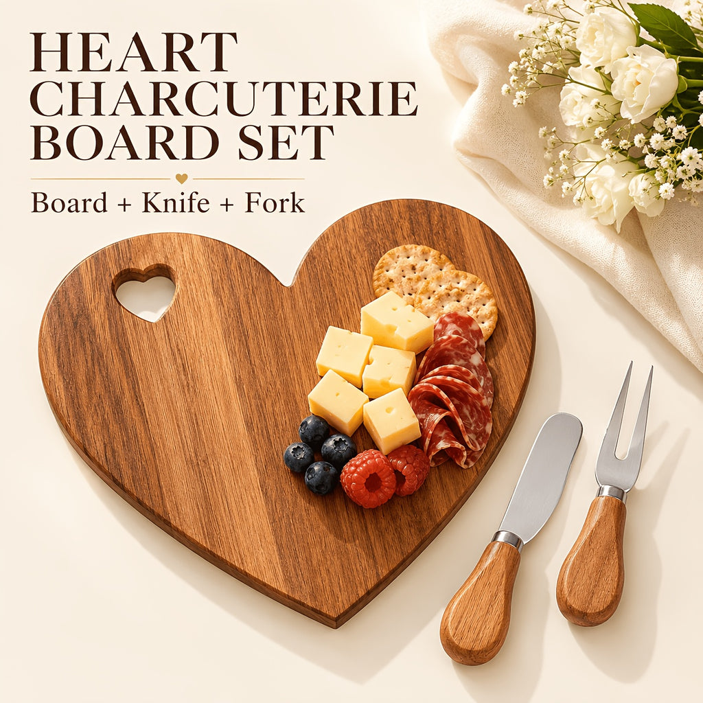 Heart-Shaped Acacia Wood Charcuterie Board with Optional Knife & Fork Set Suitable for Cheese, Fruit, Dessert Serving Tray - Polished Wood Board for Parties, Picnic, Holiday Gift for Christmas, Easter, Valentine' Day