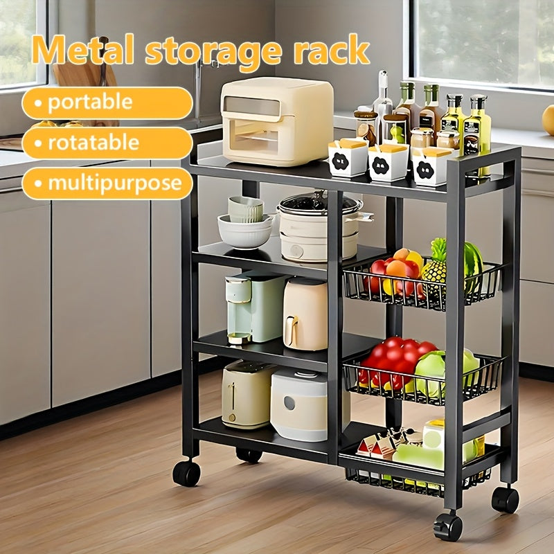 BCNVDUS Three-Layer Heavy-Duty Metal Kitchen Storage Rack with 360° Rotating Wheel - Freestanding Mobile Appliance, Bottle, Container Storage Rack - Easy-To-Clean Open Mesh Basket, Space-Saving Floor Design, Kitchen Organization And Storage