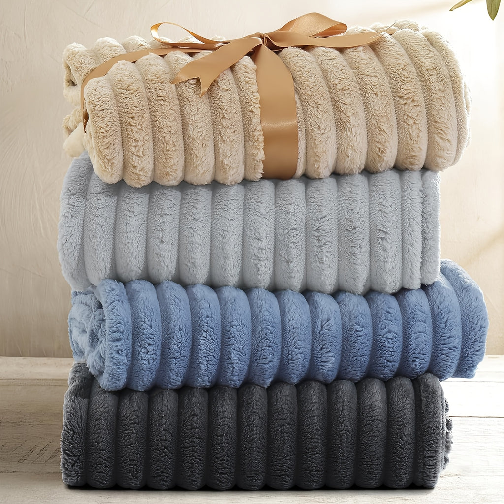 Versatile Cozy Home Textile Accent – comfortable everyday home styling, Luxurious Double-Sided Faux Rabbit Fur Throw Blanket - Cozy Striped Flannel Soft And Warm, designed for American homes, daily convenience and practical gifting