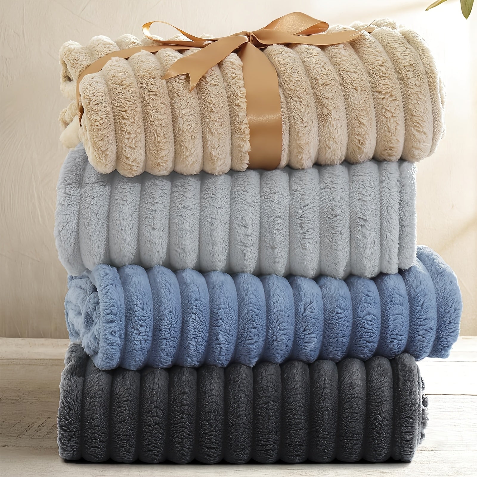 Versatile Cozy Home Textile Accent – comfortable everyday home styling, Luxurious Double-Sided Faux Rabbit Fur Throw Blanket - Cozy Striped Flannel Soft And Warm, designed for American homes, daily convenience and practical gifting