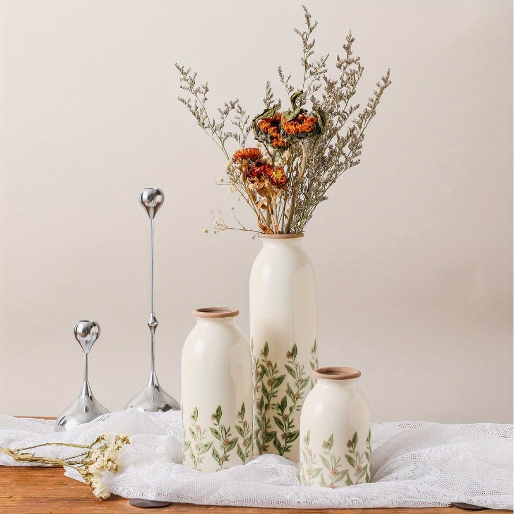 Hand-Painted Ceramic Vase Suitable for fresh or artificial flowers - Hand-Painted Botanical Flower Vase, Scandinavian Contemporary Cylindrical Vase with Botanical Flower Paintings, Multi-Size Table Centerpiece for Living Room, Dining Table, Creative