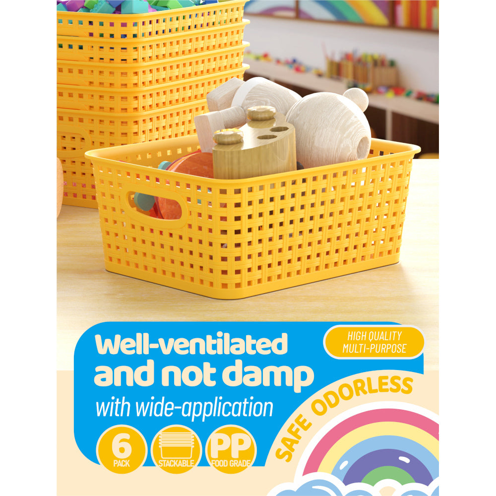 Set of 6 Durable Woven Plastic Storage Bins in Yellow, Measuring 10.1" X 7.55" X 4.1", Ideal for Organizing Your Home, Office, Desktop, Wardrobe, Or Bathroom, Shelf Baskets