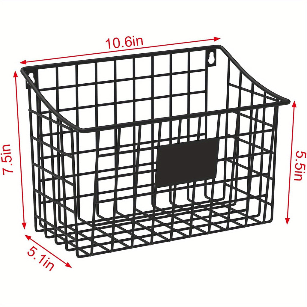 Wall Mounted Bin Basket with 5 Hooks 3 Label Plate Adhesive-3 Pack, Cabinet Hanging Metal Wire Basket, Rustic Farmhouse Decor, Storage Organization Shelf for Pantry Kitchen Bathroom 10.6*7.5*5.1Inch, Shelf Baskets