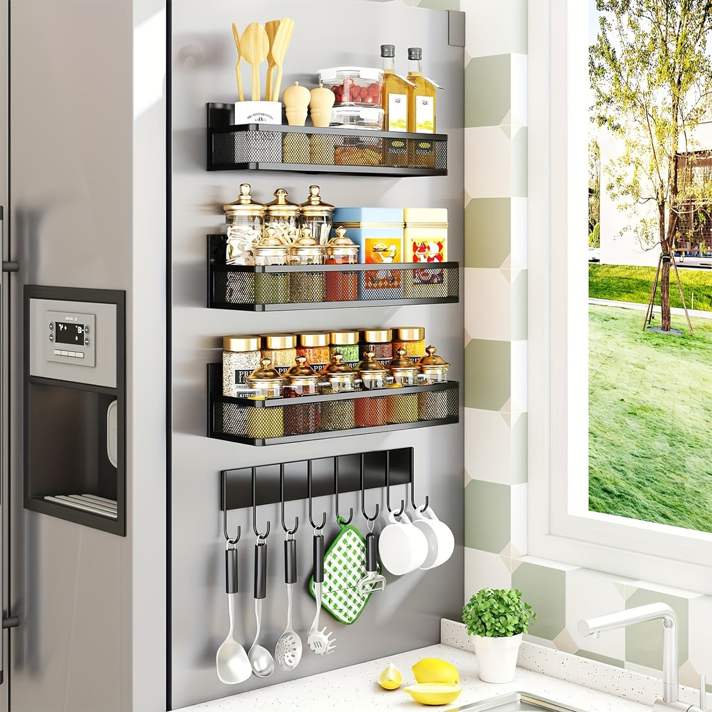 Refrigerator Magnetic Spice Rack, 3/5-Pack Magnetic Rack, Movable Refrigerator Storage Box, Spice Storage Box with 8 Hooks for Kitchen Use