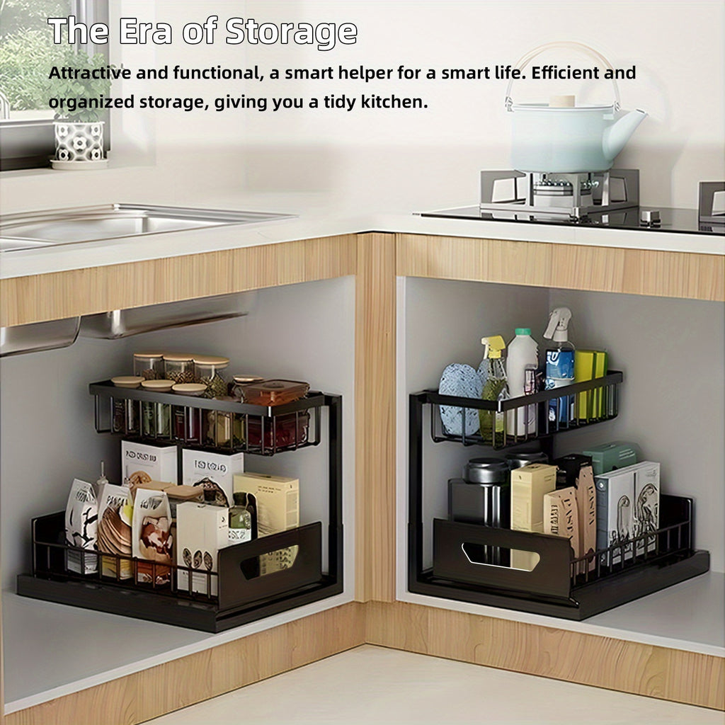 Kitchen Essential – 1/2pcs 2-story kitchen sink storage containers，push-pull cabinet organizer, kitchen and bathroom organizers and storage, study, tabletop, metal sliding drawers, practical
