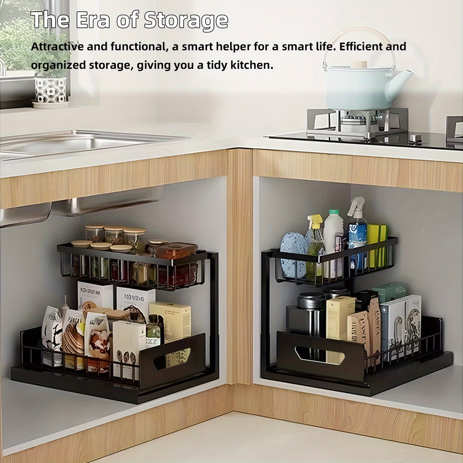 Kitchen Essential – 1/2pcs 2-story kitchen sink storage containers，push-pull cabinet organizer, kitchen and bathroom organizers and storage, study, tabletop, metal sliding drawers, practical