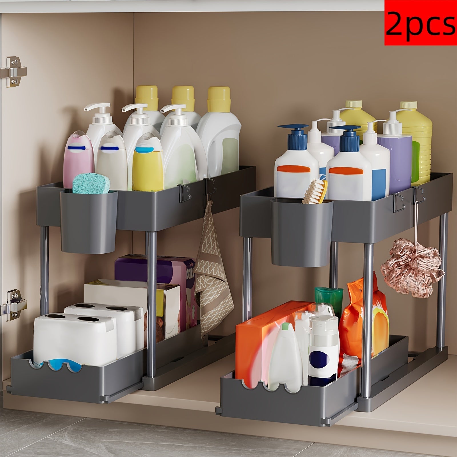2pcs Pull Out Under Sink Organizers And Storage Rack for Kitchen & Bathroom, Plastic Layered Cabinet Organizer, Kitchen Organize