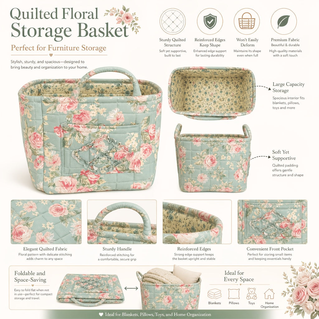 Modern Adjustable Home Storage Rack – durable multi-purpose storage, Large Floral Series Storage Basket Vintage Quilted Floral Portable Large-Capacity Home Storage Basket Suitable, designed for American homes, daily convenience and practical gifting