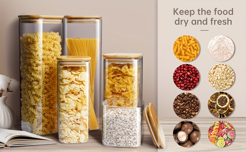 Modern 80oz Airtight Storage Jar Set – clear reusable pantry storage, Square Glass Jars With Bamboo Lids - 80oz X1 42oz X2 27oz X2 Airtight, designed for American homes, daily convenience and practical gifting