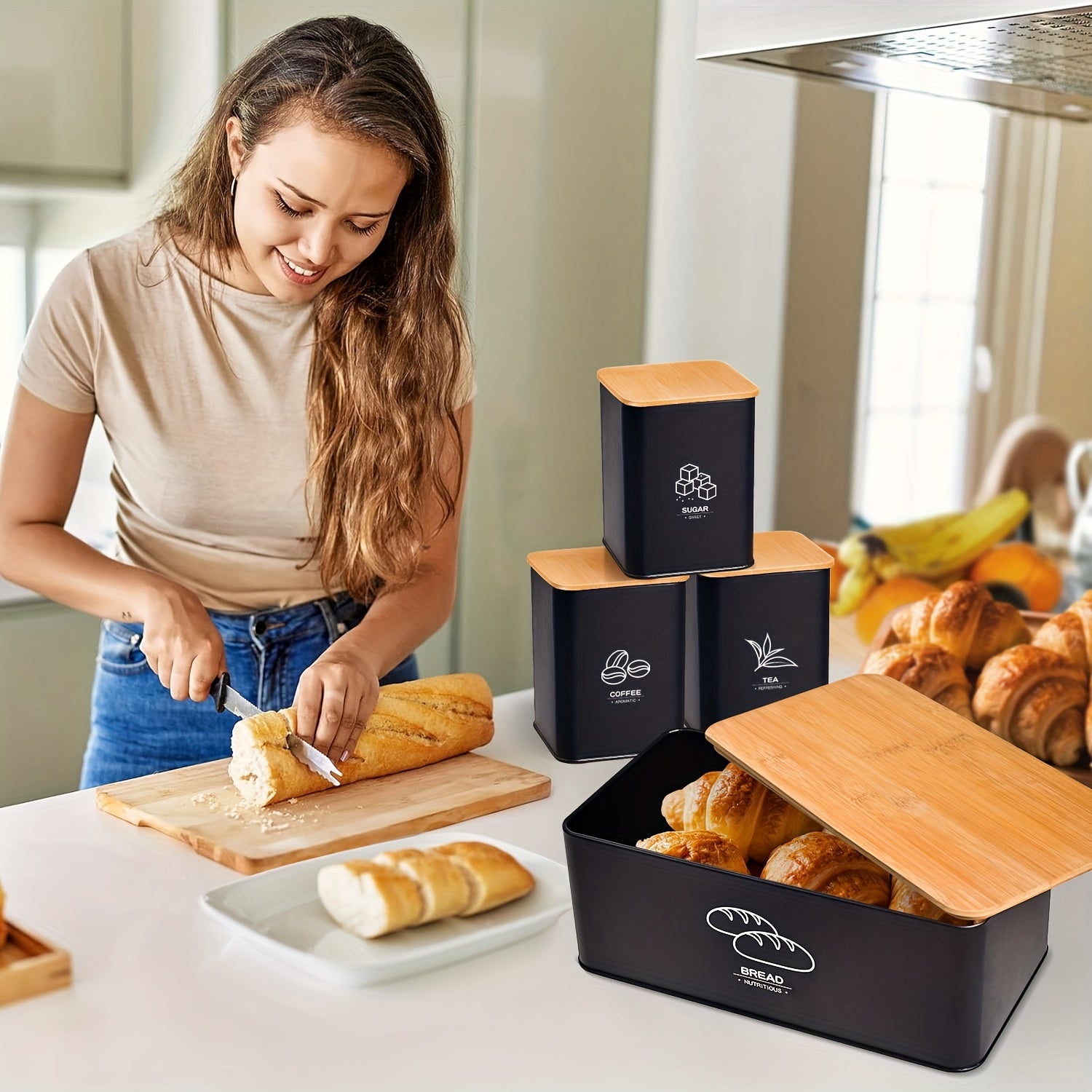 Metal Bread Box for Kitchen Countertop with Coffee Sugar Tea Kitchen Storage Containers, Bread Box And Canisters Set for The Kitchen with Lid, Classic Bread Tin with Lid for Loaves, Large Capacity