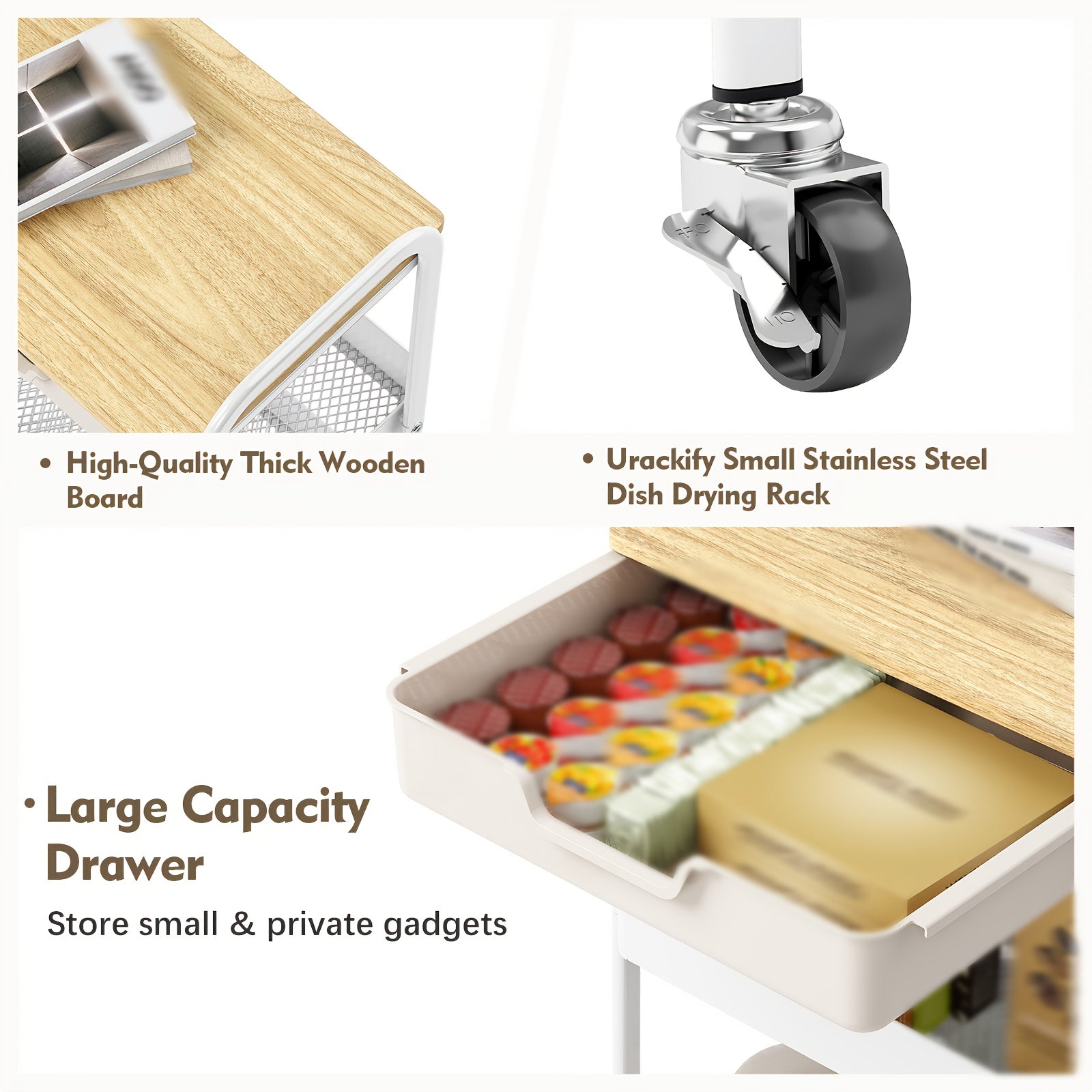 3-Tier Metal Utility Rolling Cart Featuring a Drawer And Table Top, a White Storage Trolley for Kitchen Organization, Suitable for Office, Classroom, Home, And Bedroom with Lockable Wheels