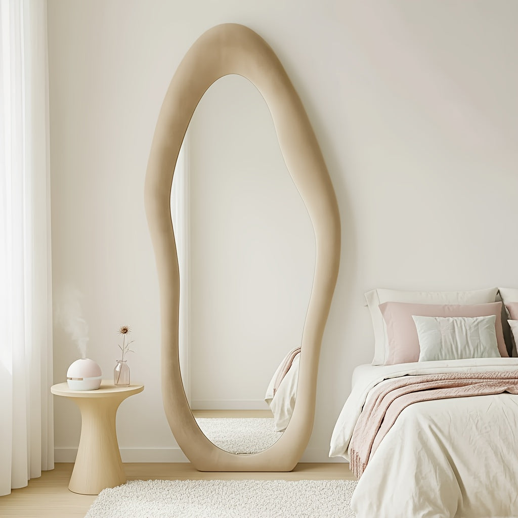 Full Length Mirror – Irregular Velvet Frame Full Length Mirror Safe Rounded Corner for Kids Room (Milk Tea, White, Black, Green, Pink, Blue) for Modern US Homes, clear stylish reflection, Ve