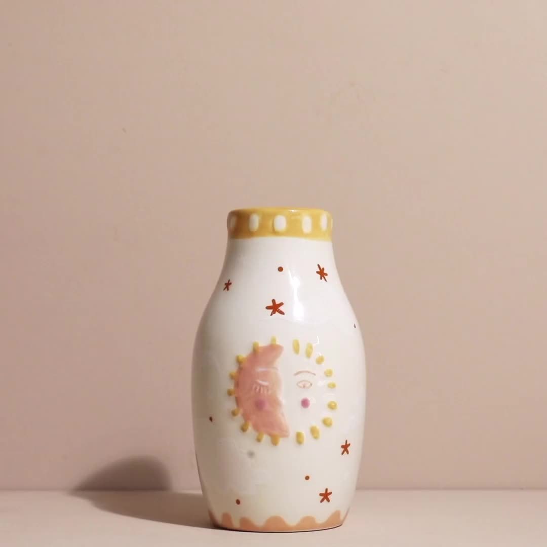 Unique Ceramic Vase, Cute Boho Decor, Small Cream Vase For Dried Flowers Or Single Bud - Sun And Moon Face Design