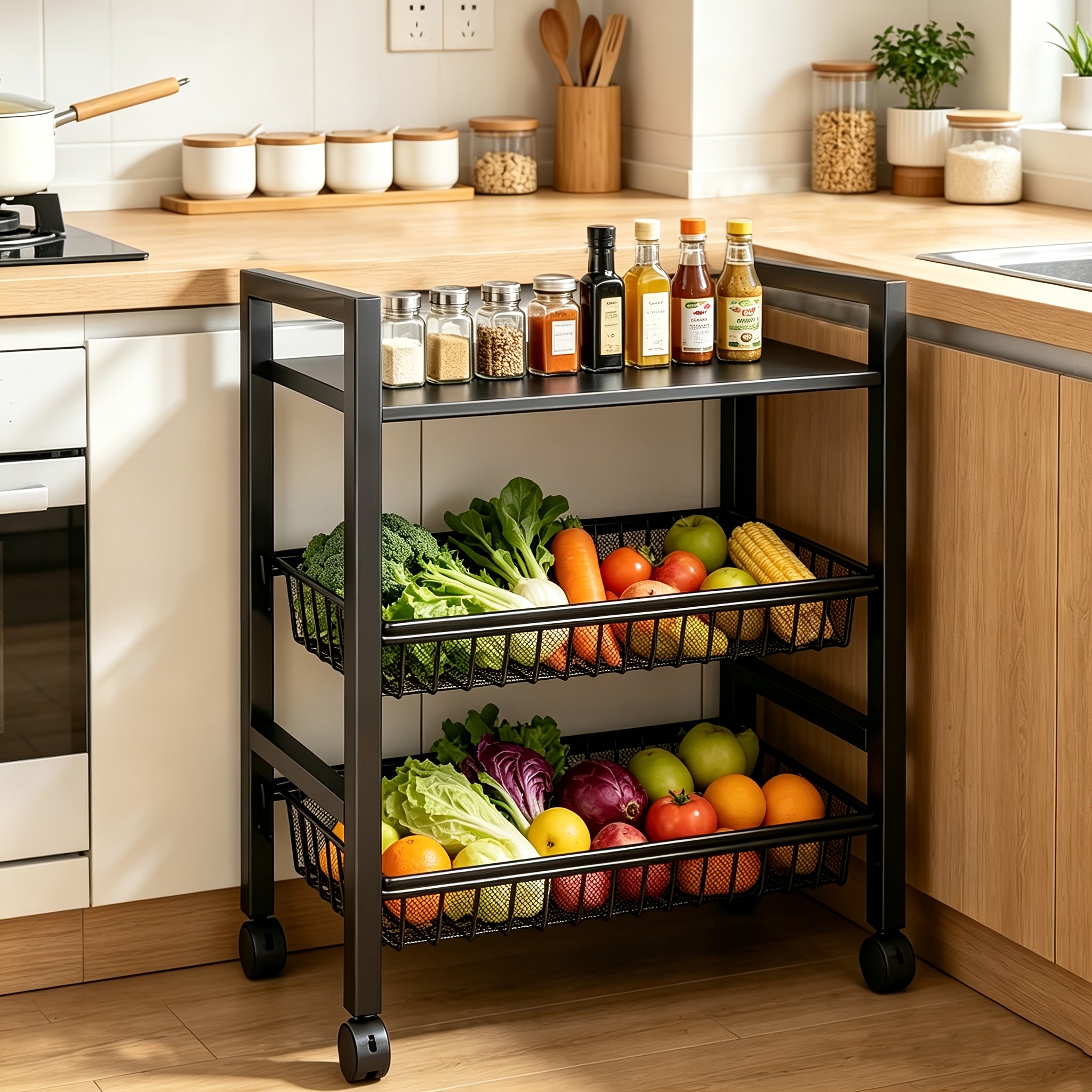 Smart Adjustable Home Storage Rack – durable multi-purpose storage, Kitchen Storage Shelf with Mesh Baskets Metal Frame Serving Cart with Wheels Rolling Baker, designed for American homes, daily convenience and practical gifting