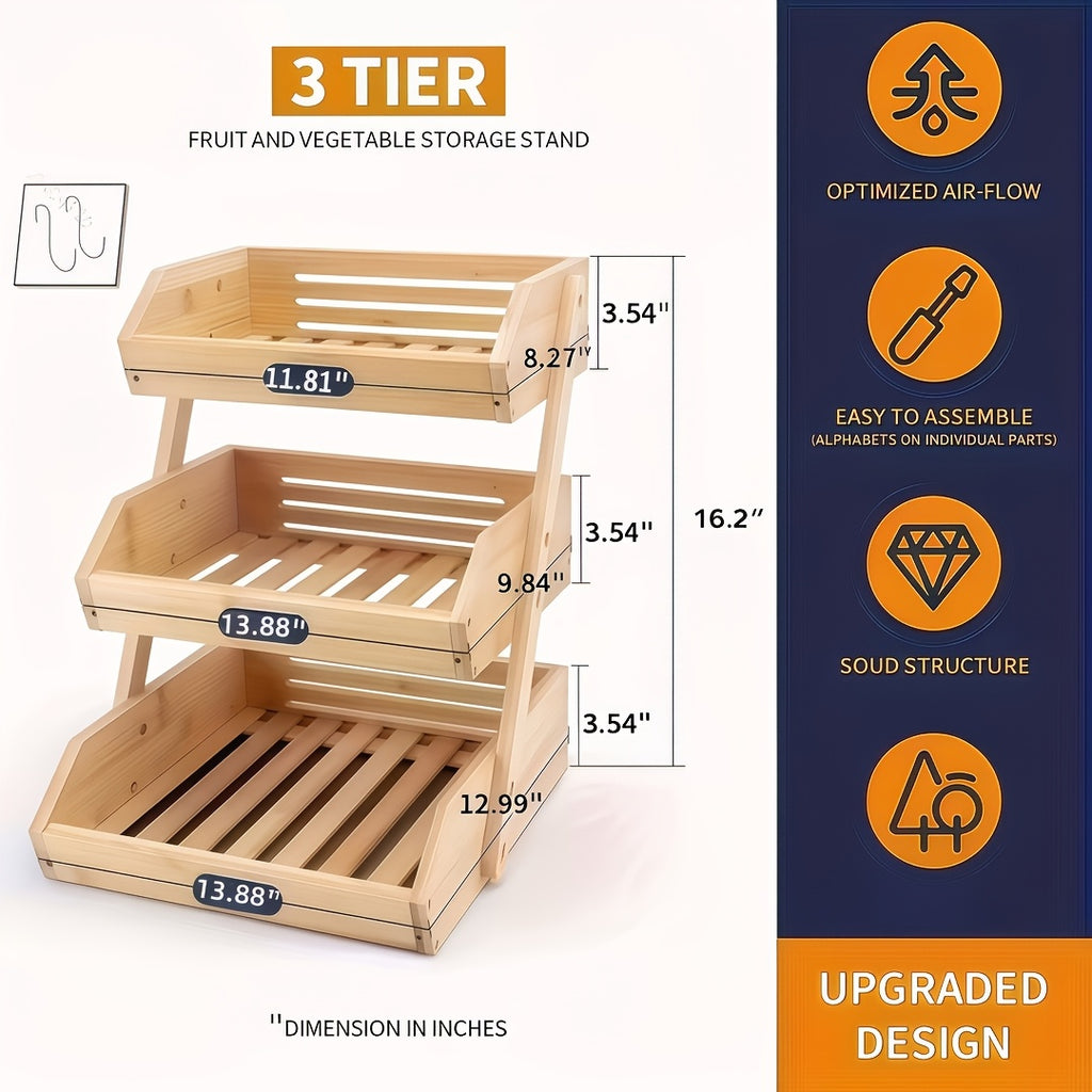 3/2-Tier Wooden Fruit Basket Stand - Large Capacity Kitchen Organizer with Open Slat Design for Vegetables, Bread & Produce | Multi-Level Countertop Storage Shelf - Easy Assembly & Natural Wood Finish