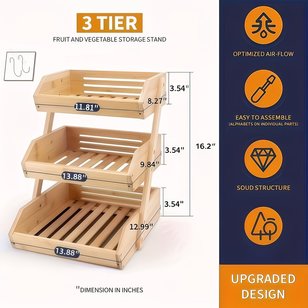 3/2-Tier Wooden Fruit Basket Stand - Large Capacity Kitchen Organizer with Open Slat Design for Vegetables, Bread & Produce | Multi-Level Countertop Storage Shelf - Easy Assembly & Natural Wood Finish