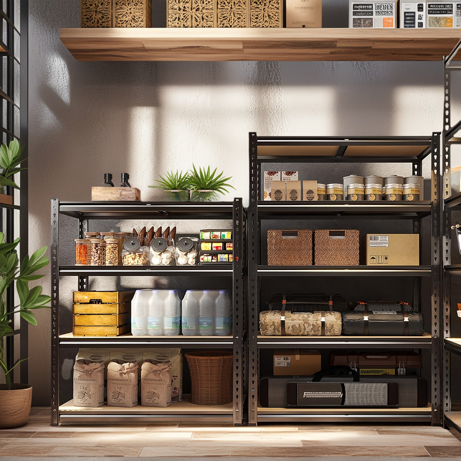 2000 Capacity Heavy-Duty 5-Tier Industrial Shelving Unit - Adjustable Height (72"/60") Black Metal Storage Rack with Open & Enclosed Shelves, Freestanding Garage, Pantry, Closet Organizer, Easy Assembly Utility Shelf with & Hammer, Utility Shelves