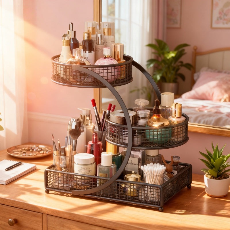 Versatile Adjustable Home Storage Rack – durable multi-purpose storage, 2-Tier 3-Tier Lightweight Metal Cosmetic Organizer with Round Baskets Welded Construction Anti-Rust Finish Space-Saving, designed for American homes, daily convenience and practi