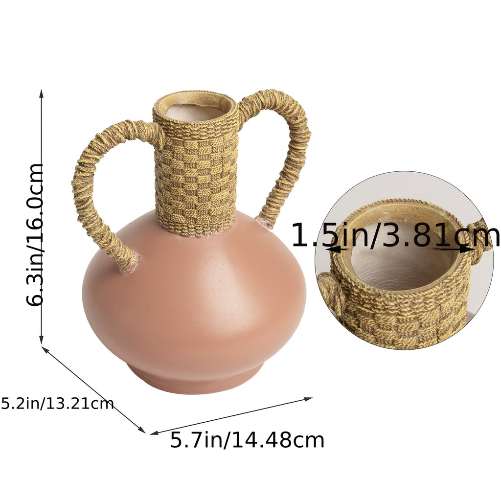 Terracotta Vase with Woven Handles, Rustic Decorative Flower Vase, Boho Farmhouse Home Decor for Living Room Shelf Tabletop Centerpiece