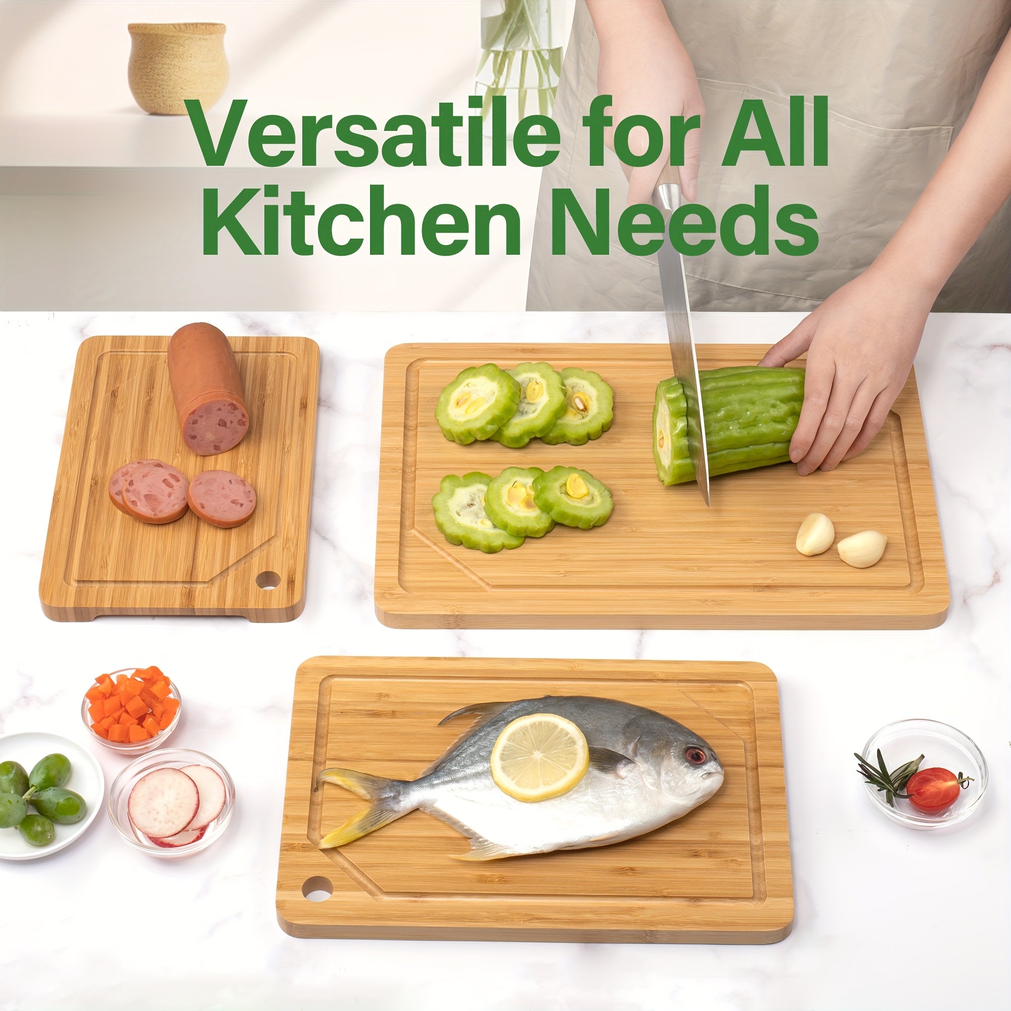 Bamboo Cutting Board for Kitchen, Bamboo Cutting Board Set Of 3 with Juice Groove, Double-Sided Chopping Board Serving Board with Hanging Hole for Meat, Vegetables And Cheese