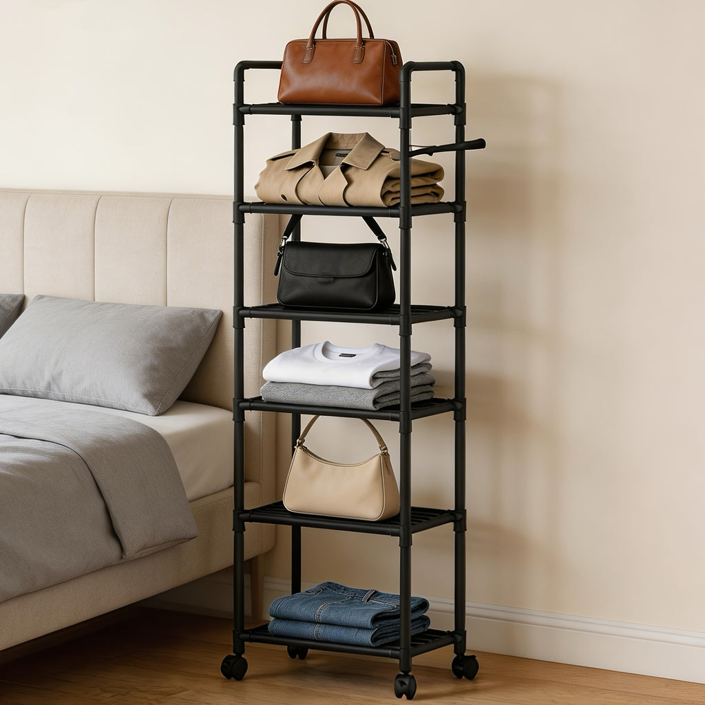 Versatile Adjustable Home Storage Rack – durable multi-purpose storage, 6-Tier Rotating Metal Storage Cart Adjustable Rolling Storage Shelf with Wheels Multifunctional Utility Trolley, designed for American homes, daily convenience and practical gift