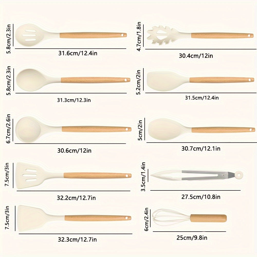 Kitchen Essential – 10pcs Silicone Kitchenware Set, High-temperature Non-stick Cooking Tool Kit, Including Wooden Handle Spatula, Flipper, Soup Spoon, Clamp, and Egg Beater for Modern US Hom