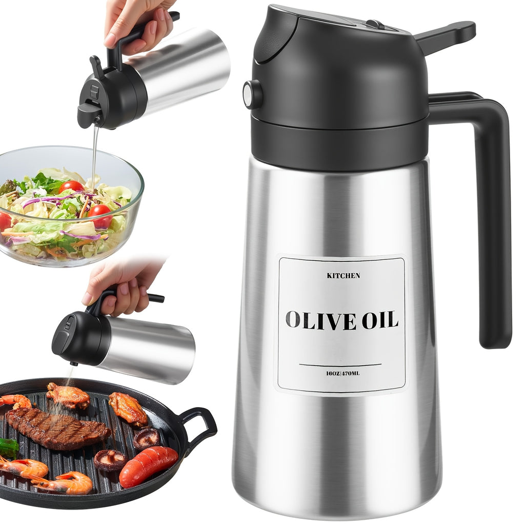 [Oil Bottle Sprayer Dispenser] Durable Oil Bottle With Stainless Steel Exterior And Ceramic-Coated Interior, 2-In-1 Olive Oil Sprayer And Dispenser, Suitable For Cooking, Kitchen, Barbecue, And Air Fryer