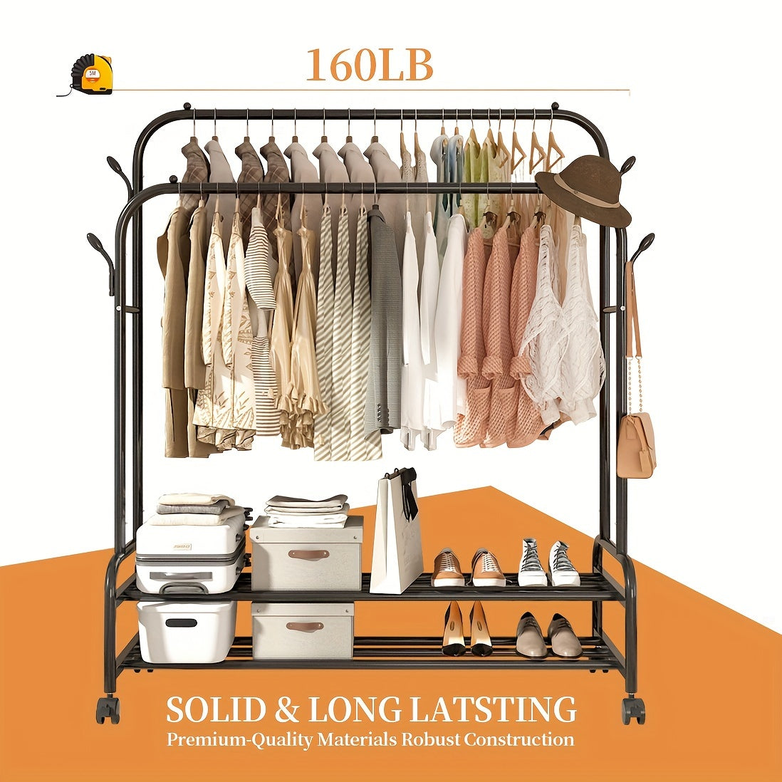Heavy-Duty Adjustable Home Storage Rack – durable multi-purpose storage, Sturdy Metal Double Rodding Clothes Rack with Wheels Portable Clothing Rack with Shelves Hooks, designed for American homes, daily convenience and practical gifting