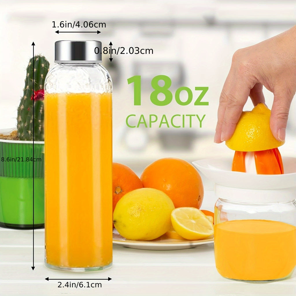 [6 Pack] 18oz Glass Water Bottles with Lids - Reusable Glass Juicing Bottles with Stainless Steel Caps, 100% Leak Proof Juice Containers for Refrigerator, Smoothies, Beverages, Includes Cleaning Brush & Funnel, BPA Free