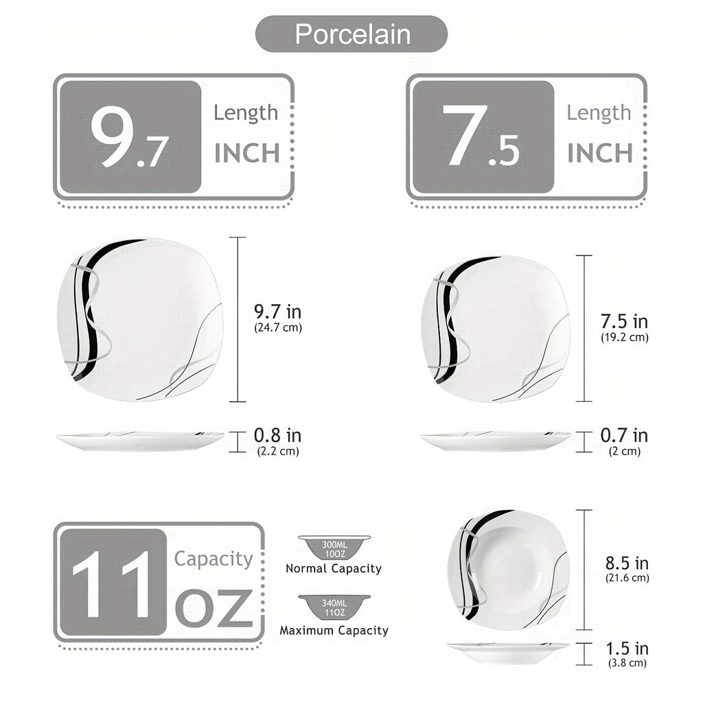 18pcs Dinner Set Service for 6, Porcelain Plates Set, Ink And Line Patterns Dining Set, Ivory White Round Dishes Set Plate Set Including 6 X 7.5" Dessert Plate, 6 X 8.5" Soup Plate, 6 X 9.75" Dinner Plate