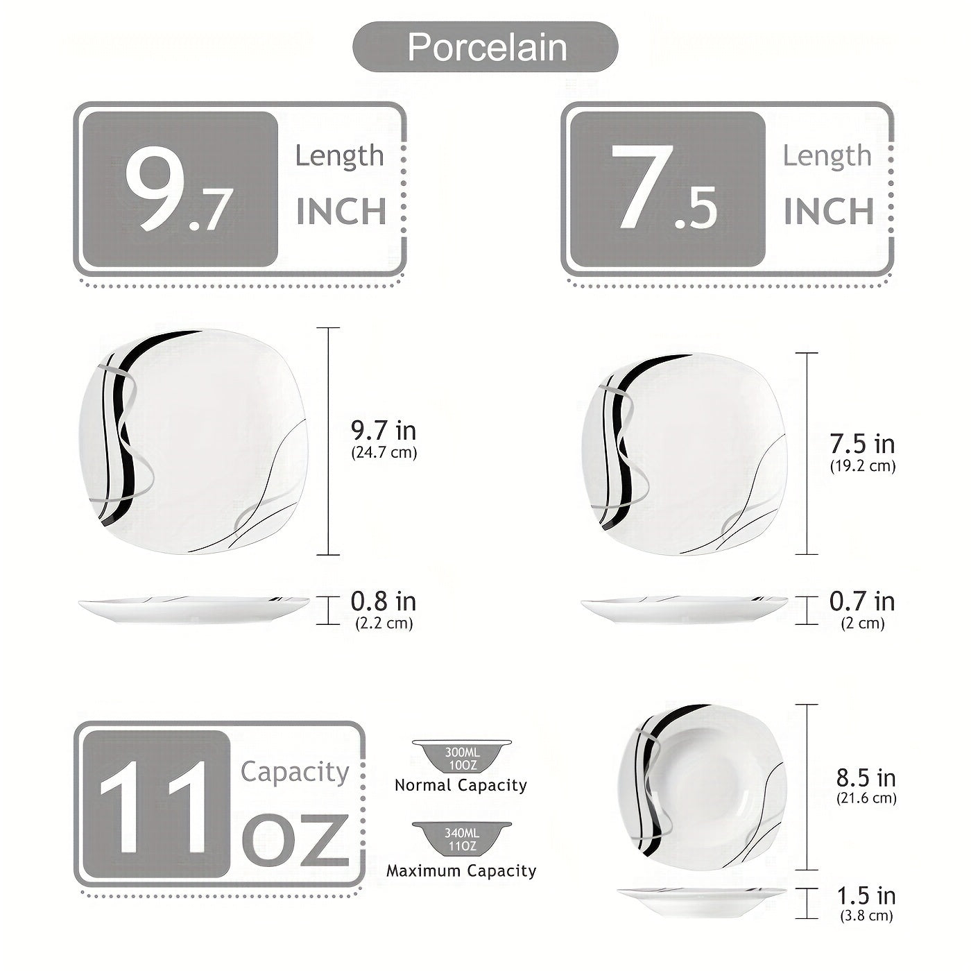 18pcs Dinner Set Service for 6, Porcelain Plates Set, Ink And Line Patterns Dining Set, Ivory White Round Dishes Set Plate Set Including 6 X 7.5" Dessert Plate, 6 X 8.5" Soup Plate, 6 X 9.75" Dinner Plate