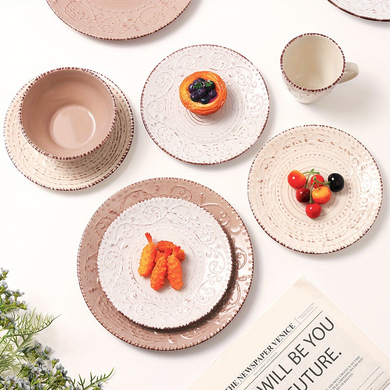 [Gifts Weddings Anniversaries] 16pcs Dinnerware Set Service for 4, Blue & Coffee Color Stoneware Set, Bowls Set, Dishes Set, Including Dinner Plates, Dessert Plates, Salad Bowls And Mugs. Chip & Scratch Resistant. Dishwasher & Microwave Safe. Gifts for We