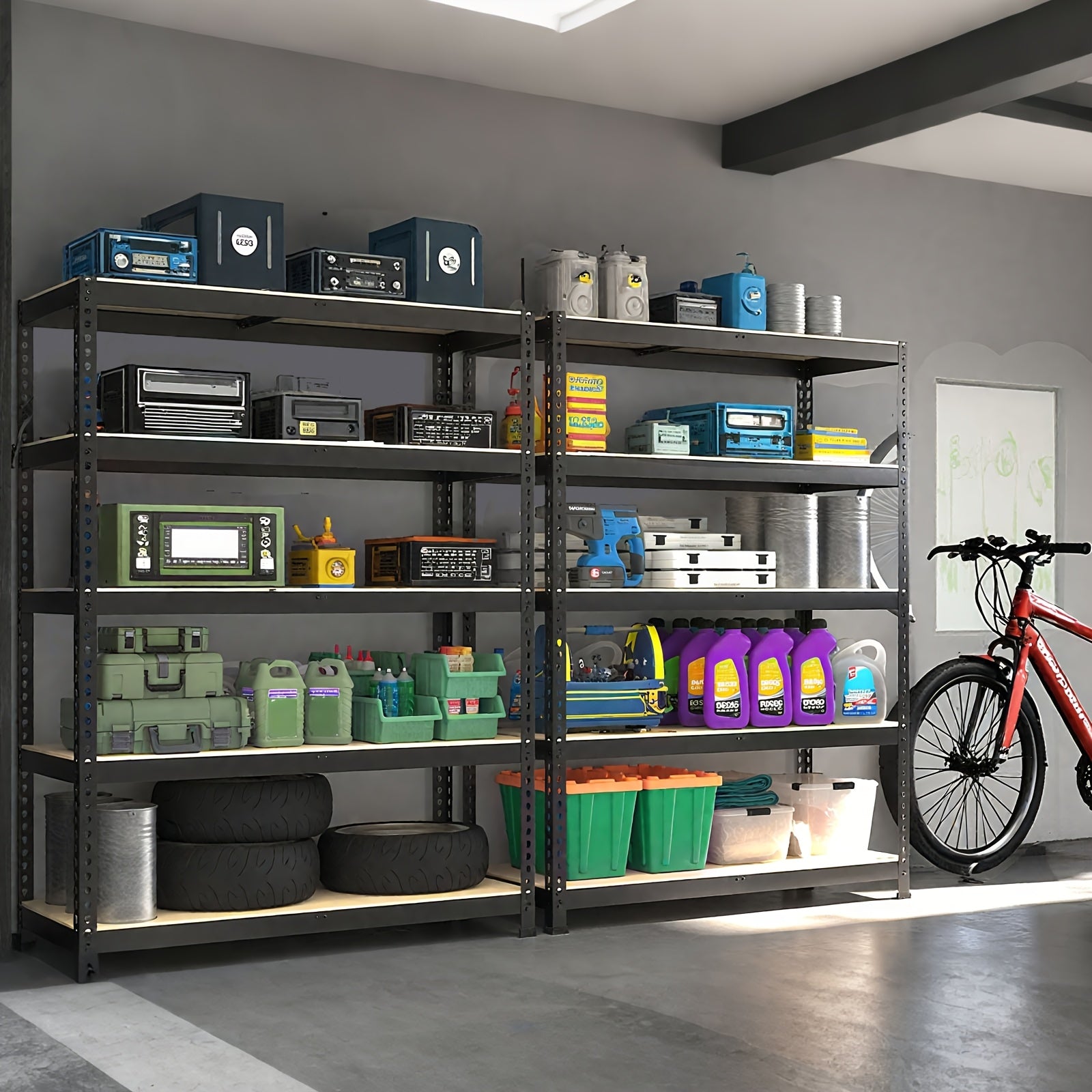 2000 Capacity Heavy-Duty 5-Tier Industrial Shelving Unit - Adjustable Height (72"/60") Black Metal Storage Rack with Open & Enclosed Shelves, Freestanding Garage, Pantry, Closet Organizer, Easy Assembly Utility Shelf with & Hammer, Utility Shelves