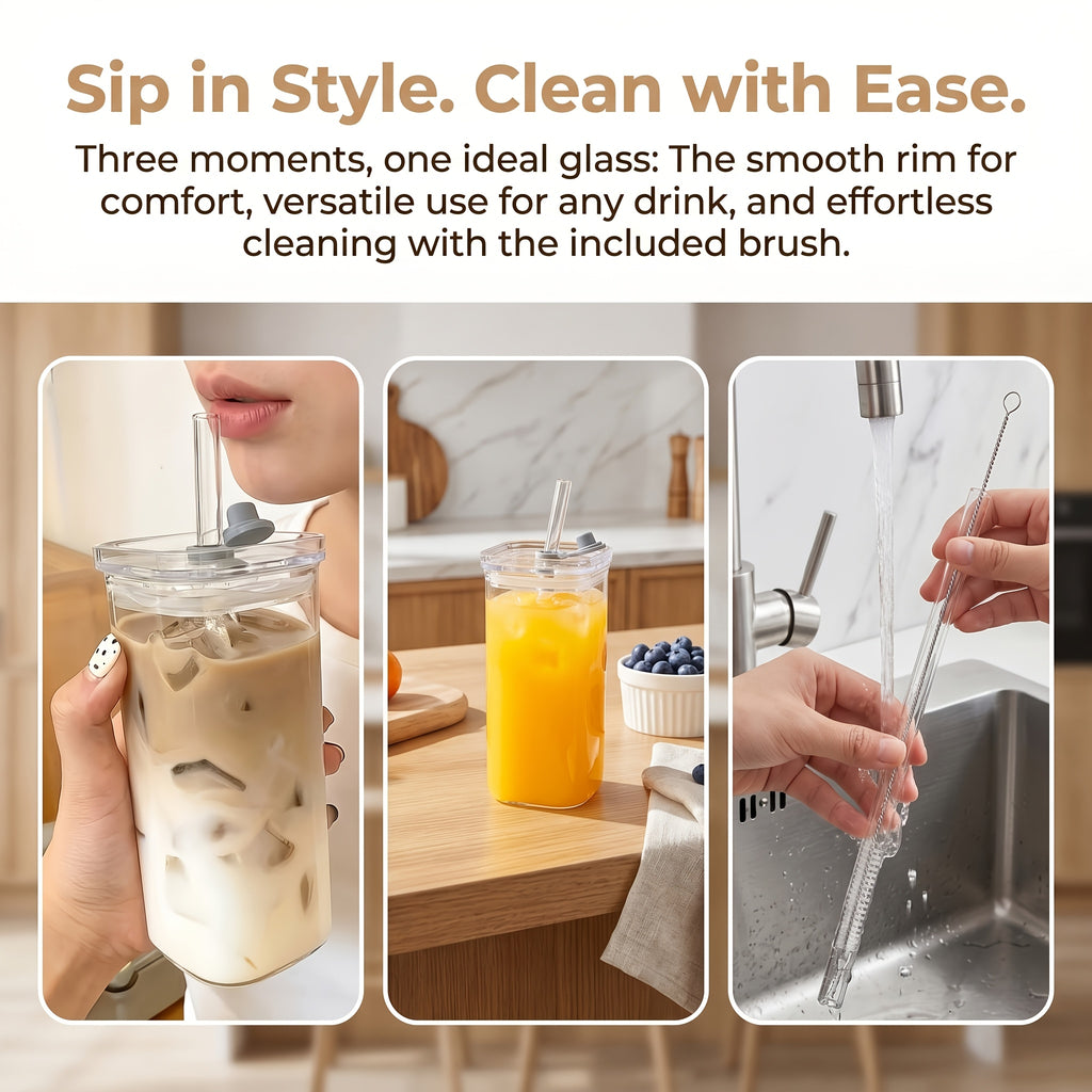 Compact 13oz Reusable Drinkware Set – easy-access beverage storage, Set of 4 Square Glass Cups with Lids 13oz Capacity Perfect Coffee Cups Includes, designed for American homes, daily convenience and practical gifting