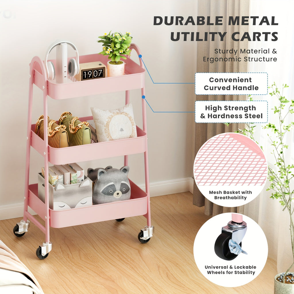 Smart 3 Tier Adjustable Home Storage Rack – durable multi-purpose storage, 3 Tier Rolling Storage Cart Metal Trolley Utility Cart With Wheels Hooks Easy Assembly, designed for American homes, daily convenience and practical gifting