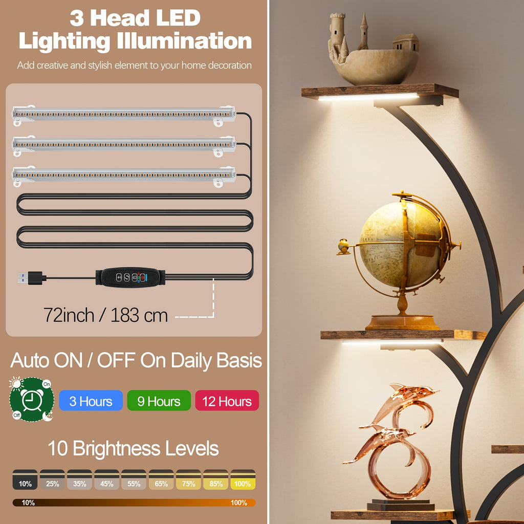 1pc Bookcase with LED Lights, 8-tier Corner Display Stand, 61.5" Multi-functional Metal Display Shelf for Plants, Handicraft, Tree-shaped Plant Shelf for Living Room, Study, Bedroom, Balcony, Entrance, Home Decor, Good Gift Choice