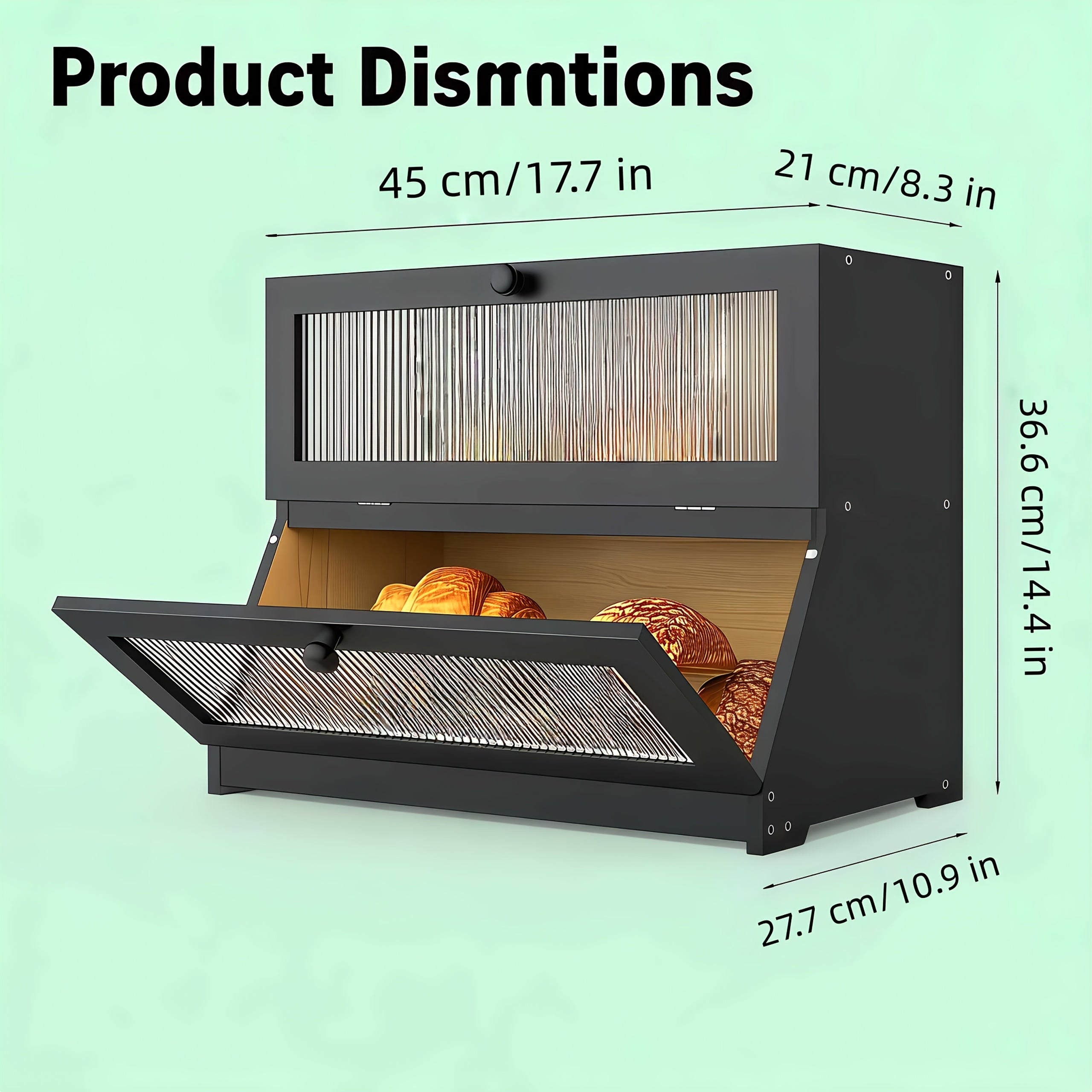 Bread Bin & Bread Bins for Kitchen, Double-tiered Black Wooden Bread Bin, Large-capacity Bread Storage Box Ideal for Kitchen Counters