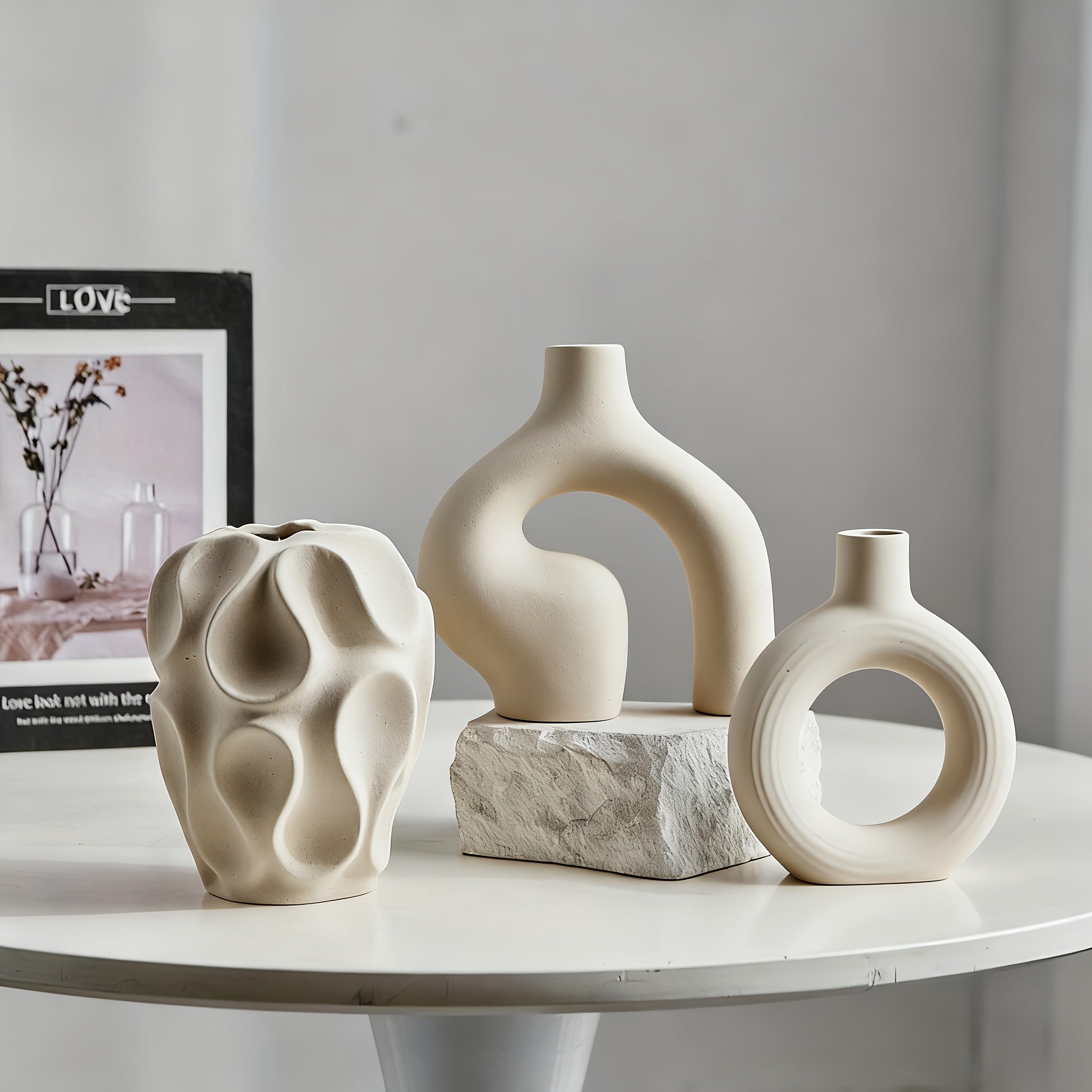 Kitchen Essential – Ceramic Vase Set 3 - Piece - Bohemian Farmhouse Style Decorative Vases Pampas Grass, Beige Vases Home Decor, Living Room, Kitchen, Bedroom, Entryway Mantel for Modern US