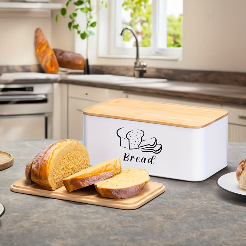 1pc modern design metal bread box white, breathable holes to keep bread soft, with natural bamboo cover cutting board, suitable for kitchen bread sorting, keeping bread fresh, hand washable and reusable square baking storage container, Kitchen