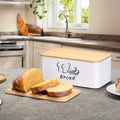 1pc modern design metal bread box white, breathable holes to keep bread soft, with natural bamboo cover cutting board, suitable for kitchen bread sorting, keeping bread fresh, hand washable and reusable square baking storage container, Kitchen