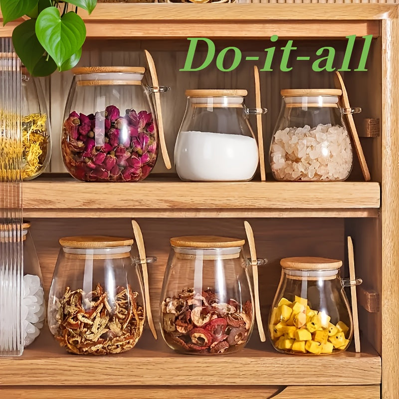 2pcs Set Sealed Glass Storage Jar with Spoon, Reusable Flip Top Round Container, Hand Wash Multipurpose for Coffee, Sugar, Tea, Salt, Candy, Spices - Ideal for Home, Restaurant, Food Trucks