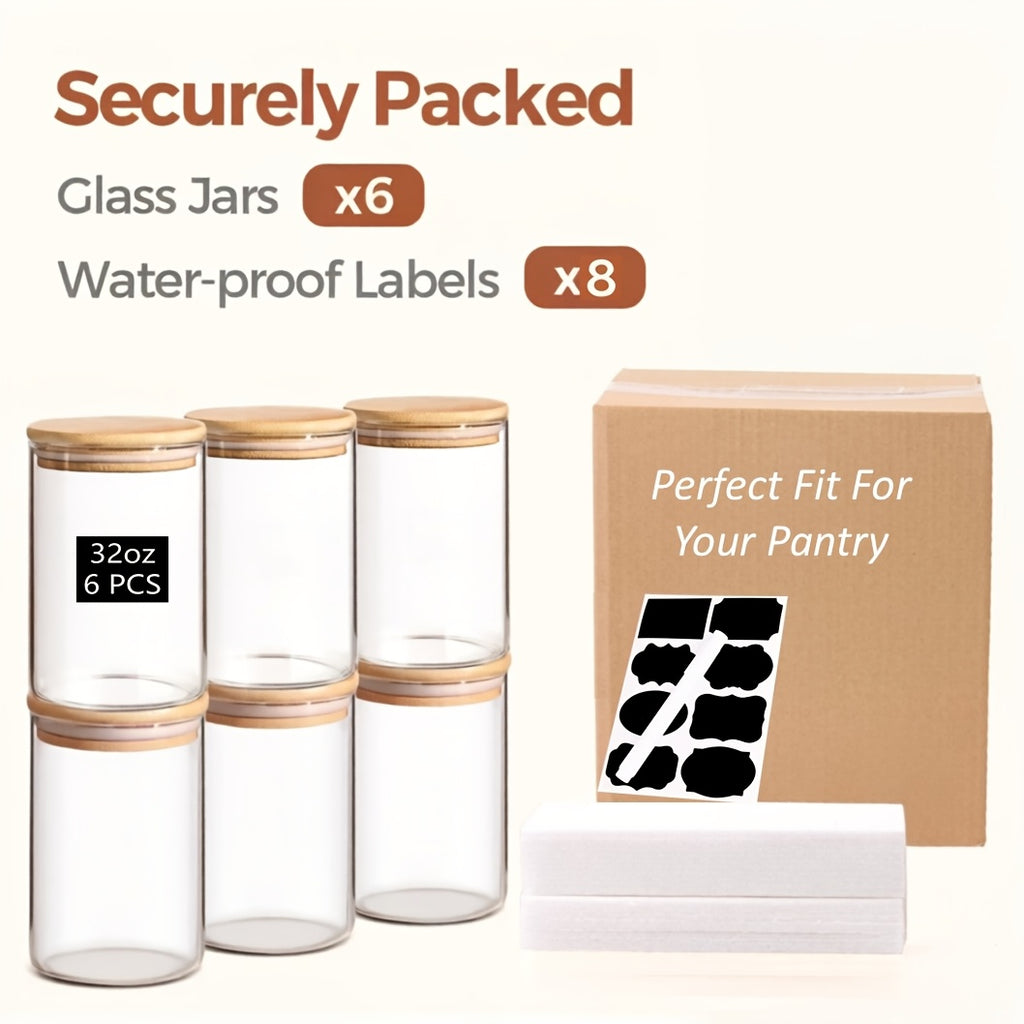 Premium 6pcs Glass Spice Jar Set – clear reusable pantry storage, 6pcs Glass Storage Containers with Labels And Pen 32Oz Airtight Food Storage Containers with, designed for American homes, daily convenience and practical gifting