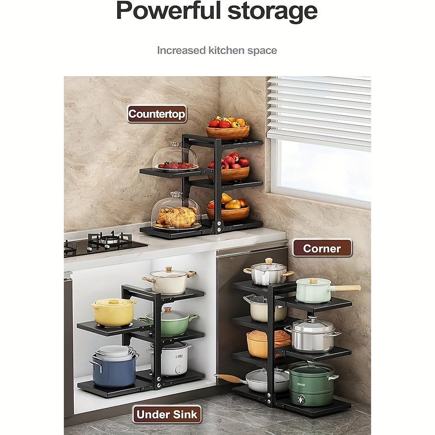 Kitchen Essential – 2/7-Tier Adjustable Kitchen Storage Rack, Multi-Layer Sink Organizer for Pots, Pans & Utensils, Painted End, Black for Modern US Homes, easy meal prep and organization, V