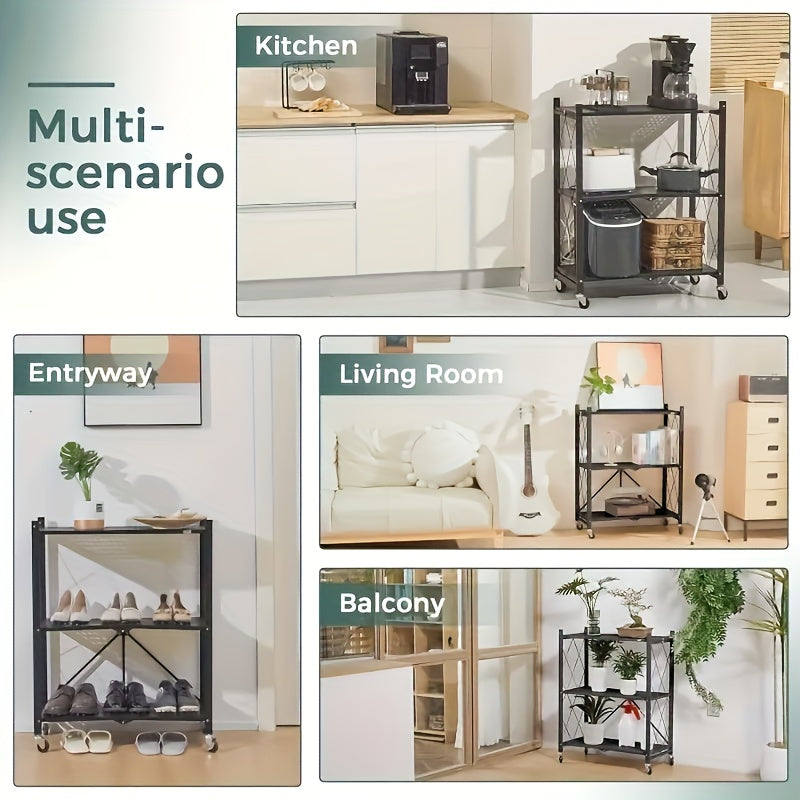 Premium Adjustable Home Storage Rack – durable multi-purpose storage, Simple Deluxe 3-Tier Heavy Duty Foldable Metal Rack Storage Shelving Unit With Wheels Moving, designed for American homes, daily convenience and practical gifting