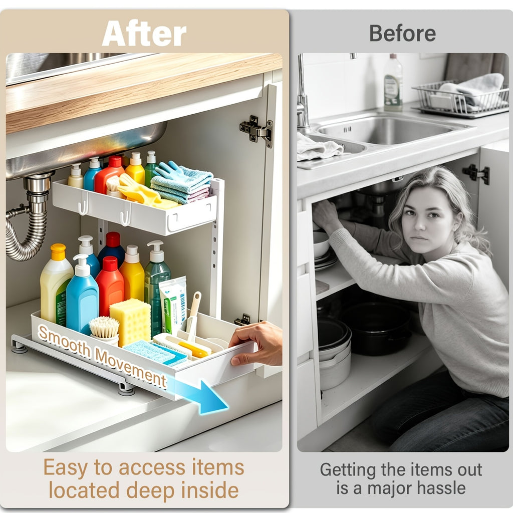 2-Pack Under Sink Organizer, 2-Tier Pull-Out Storage Rack, Adjustable Metal Cabinet Organizer for Kitchen Bathroom Pantry