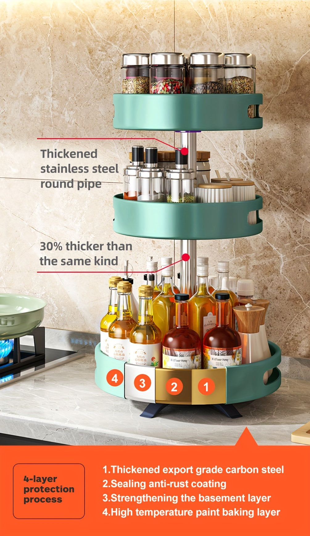 Heavy-Duty Adjustable Home Storage Rack – durable multi-purpose storage, Rotating Seasoning Storage Rack Kitchen Seasoning Shelf Double-layer Household Countertop Corner Seasoning Storage Rack, designed for American homes, daily convenience and pract