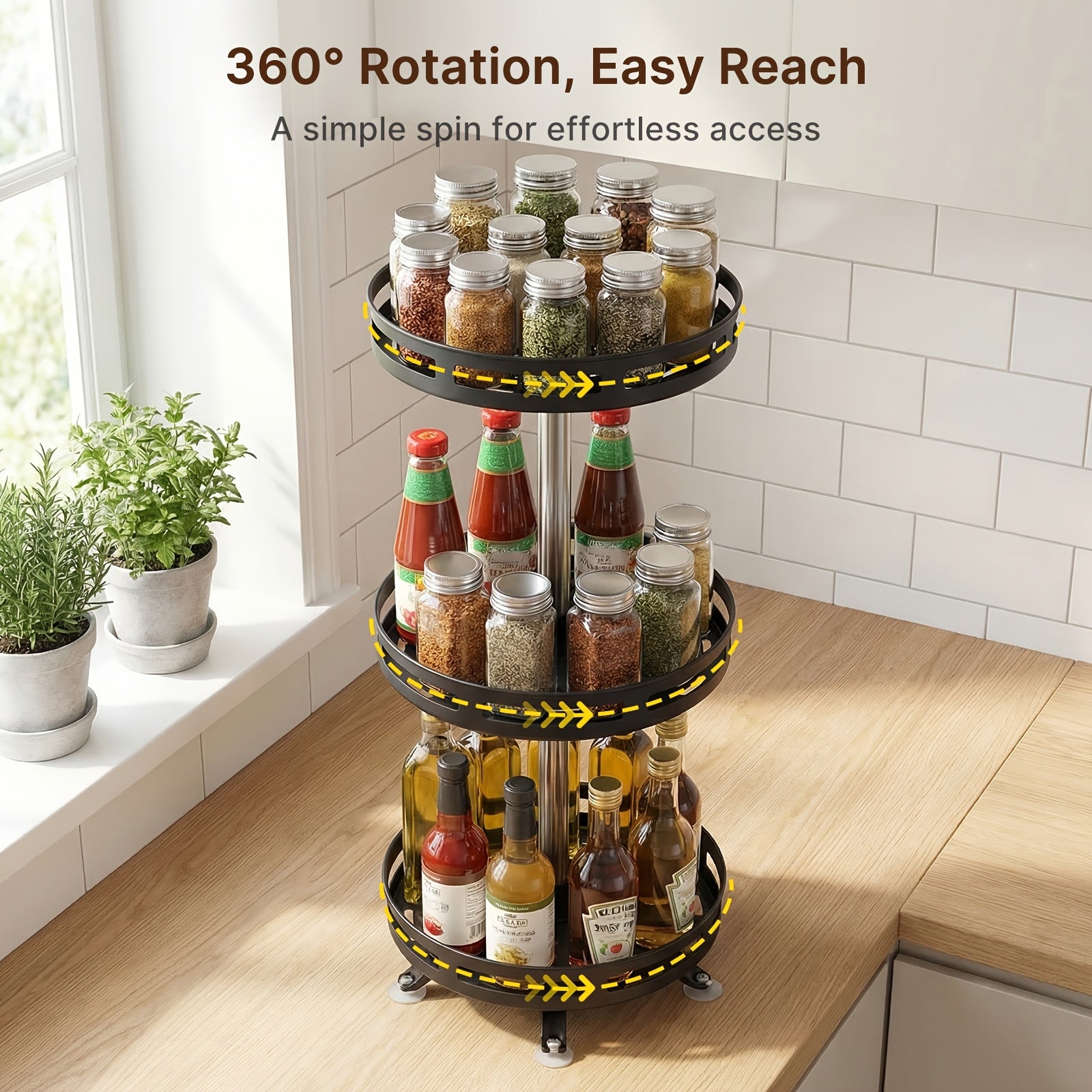 3-story Rotatable Kitchen Seasoning Rack, 360-degree Rotating Metal Turntable, Adjustable Shelves, Rotatable Spice And Seasoning Storage Rack, Kitchen Spice Jar Organizer, Kitchen Accessories